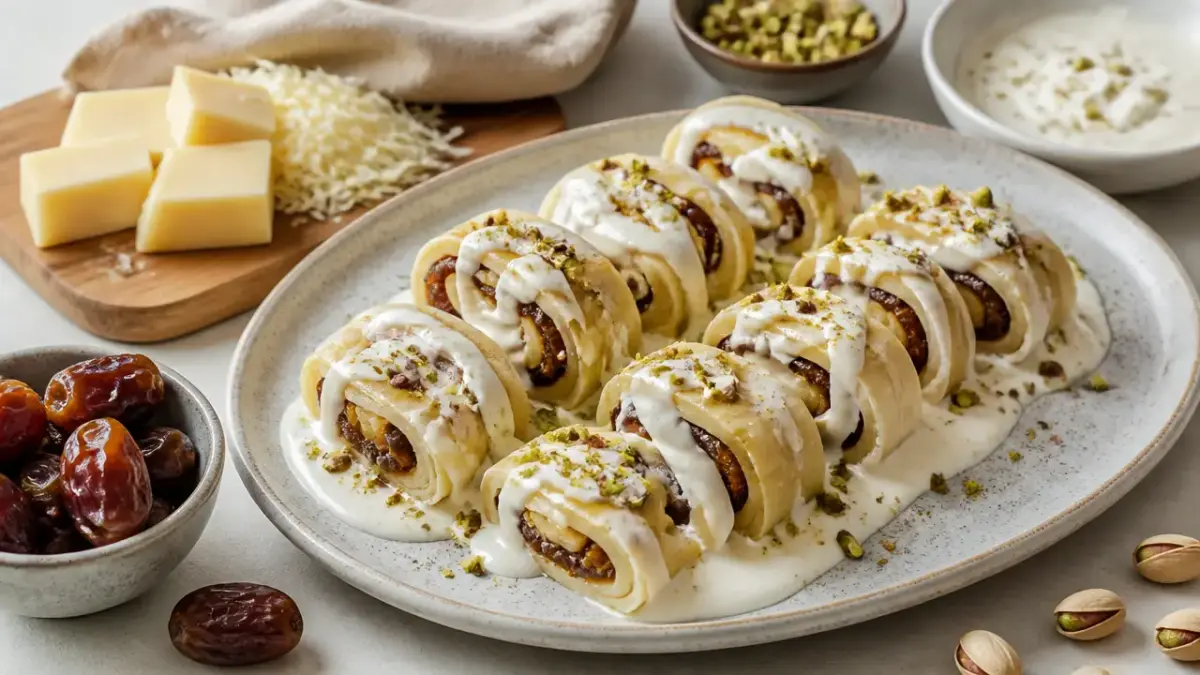 طرز تهیه رول پنیر و خرما با سس خامه‌ای - تصویر شاخص | آلیما